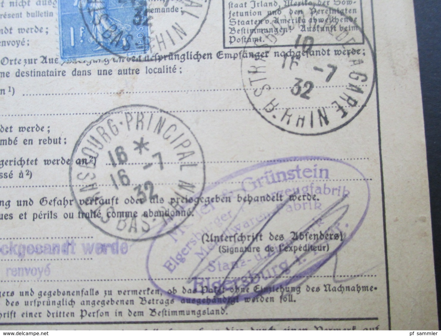 Deutsches Reich Auslandspaketkarte 1932 Aue (Sachsen) Roter Ra2 Gebühr Bezahlt Stempel Elgersburg Nach Strassburg Elsass - Briefe U. Dokumente