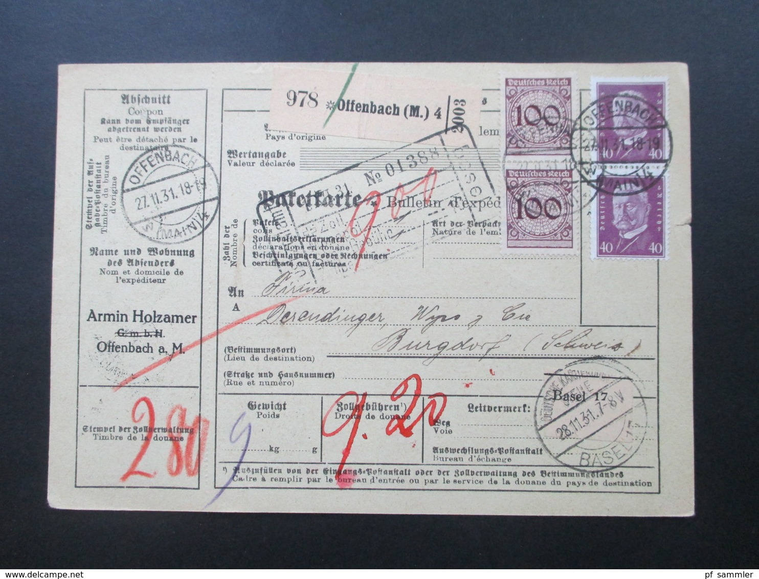 Deutsches Reich Auslandspaketkarte 1931 Offenbach (M.) über Basel Nach Burgdorf Schweiz Zollstempel - Briefe U. Dokumente