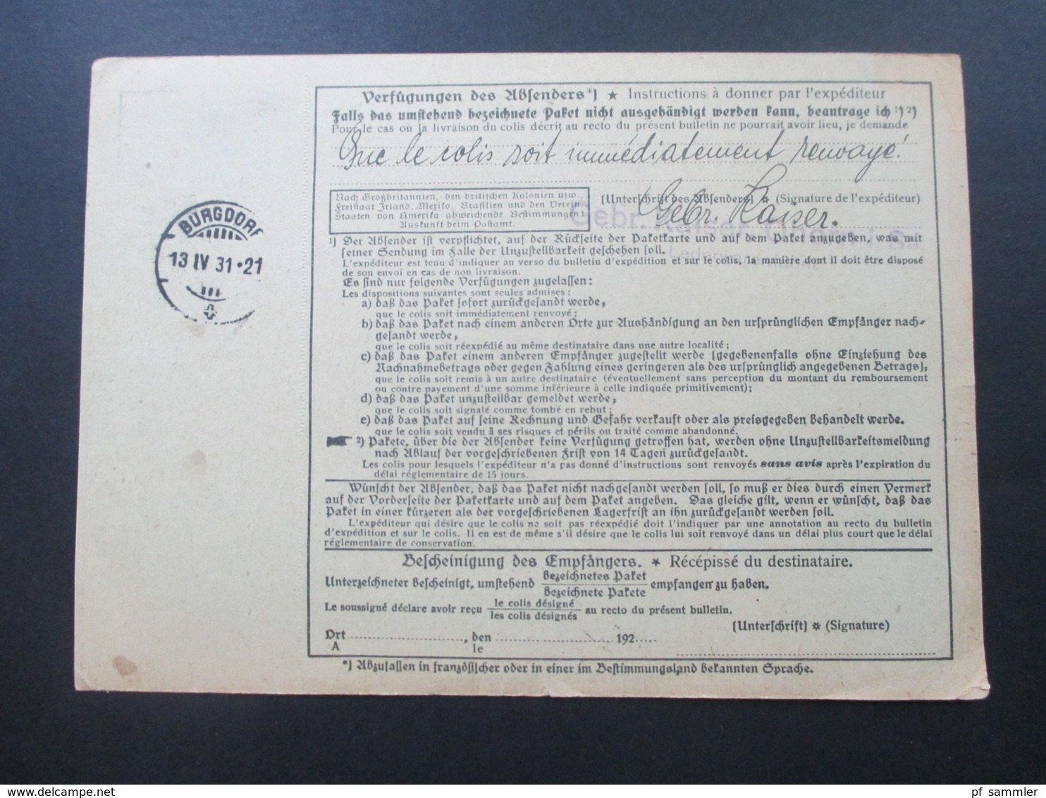 Deutsches Reich Auslandspaketkarte 1931 Pulsnitz über Lindau i. B.nach Burgdorf Schweiz Zollstempel