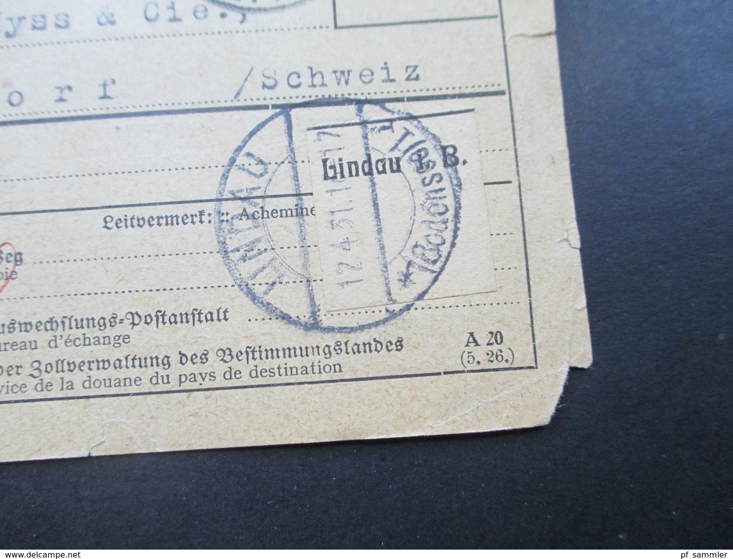 Deutsches Reich Auslandspaketkarte 1931 Sohland (Spree) über Lindau I.B..nach Burgdorf Schweiz Zollstempel - Briefe U. Dokumente