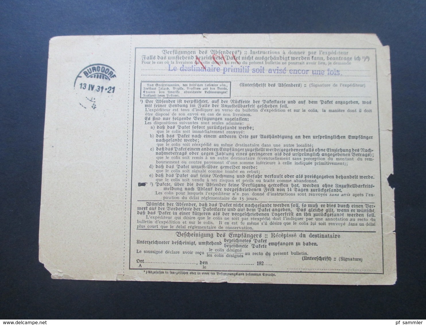 Deutsches Reich Auslandspaketkarte 1931 Sohland (Spree) über Lindau I.B..nach Burgdorf Schweiz Zollstempel - Briefe U. Dokumente