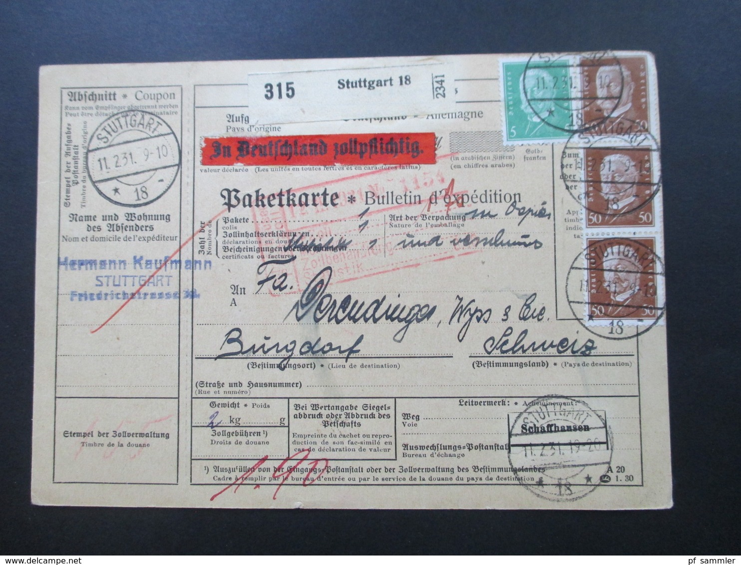 Deutsches Reich Auslandspaketkarte 1931 Stuttgart über Schaffhausen Nach Burgdorf Zollstempel Nr. 420 Senkr. 3er Streife - Briefe U. Dokumente
