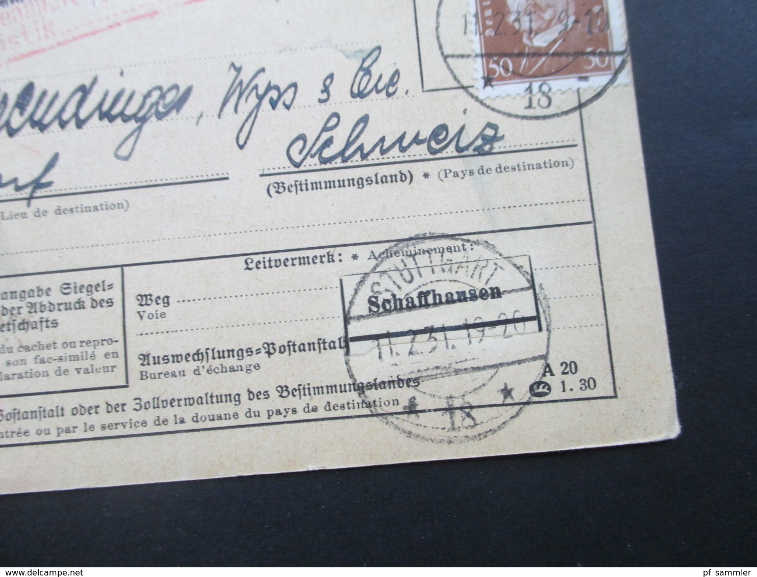 Deutsches Reich Auslandspaketkarte 1931 Stuttgart über Schaffhausen Nach Burgdorf Zollstempel Nr. 420 Senkr. 3er Streife - Briefe U. Dokumente