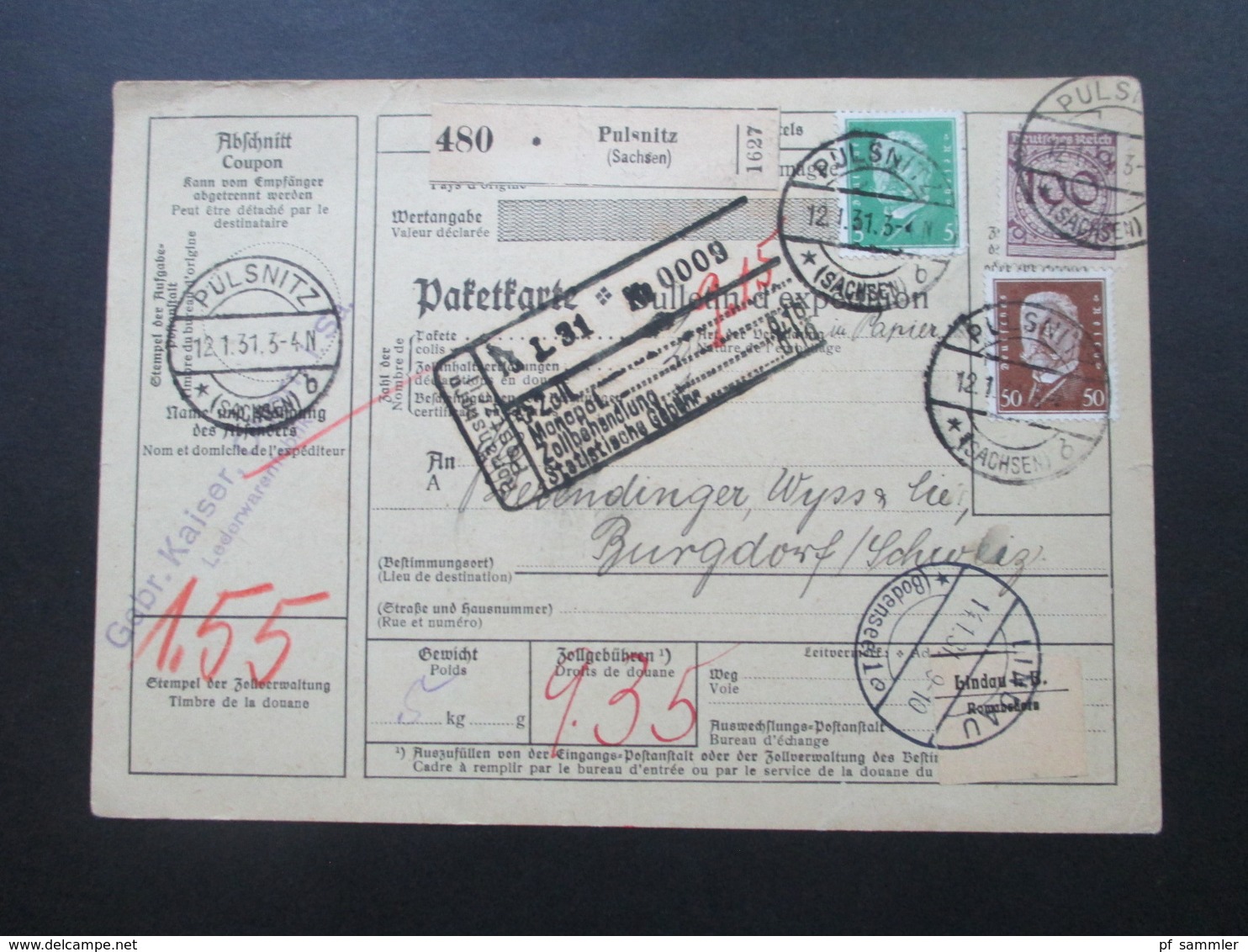Deutsches Reich Auslandspaketkarte 1931 Pulsnitz über Lindau I. B.nach Burgdorf Schweiz Zollstempel - Briefe U. Dokumente