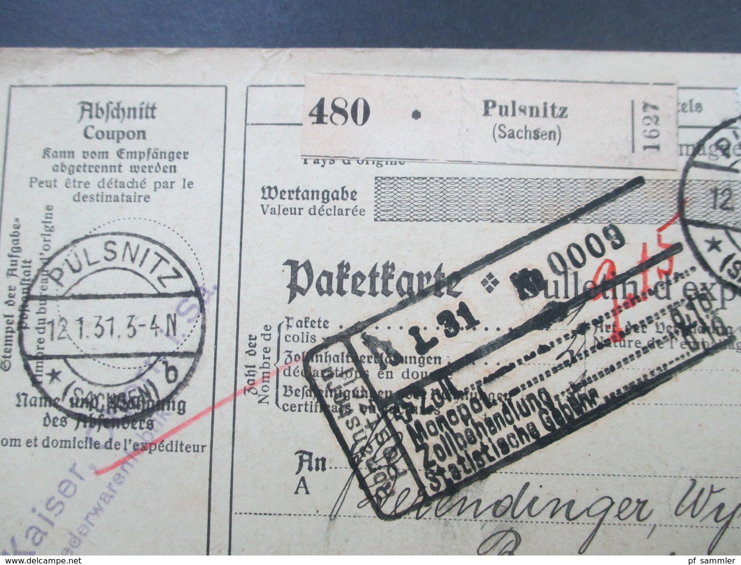 Deutsches Reich Auslandspaketkarte 1931 Pulsnitz über Lindau I. B.nach Burgdorf Schweiz Zollstempel - Briefe U. Dokumente