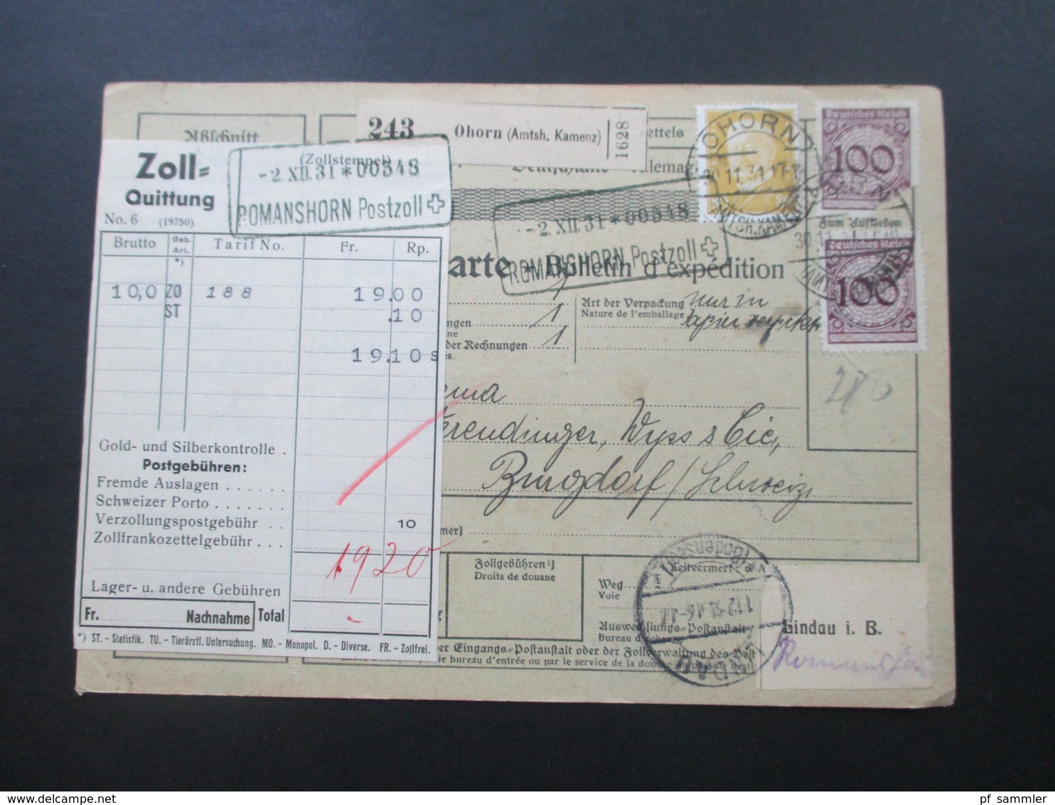Deutsches Reich Auslandspaketkarte 1931 Ohorn (Amtsh. Kamenz) über Lindau I.B. Nach Burgdorf. Romanshorn Zoll Quittung - Briefe U. Dokumente