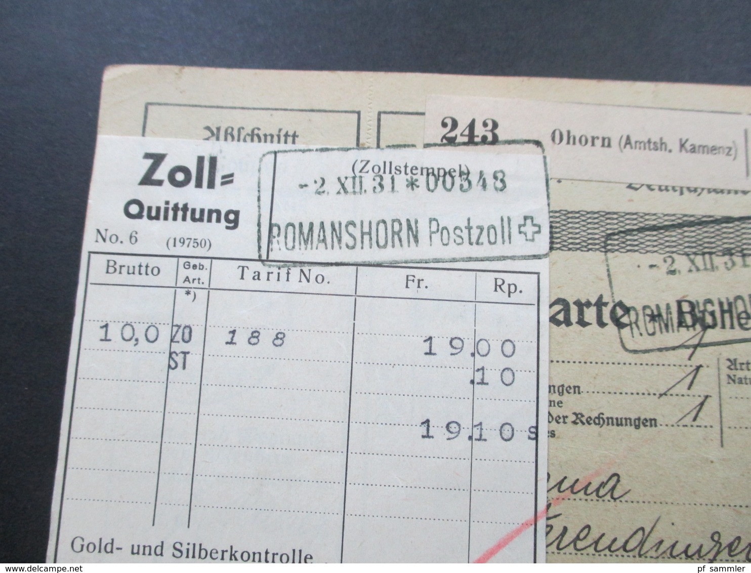 Deutsches Reich Auslandspaketkarte 1931 Ohorn (Amtsh. Kamenz) über Lindau I.B. Nach Burgdorf. Romanshorn Zoll Quittung - Briefe U. Dokumente