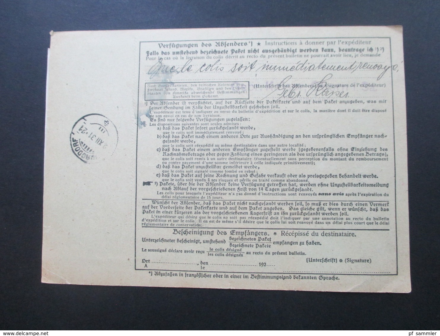 Deutsches Reich Auslandspaketkarte 1931 Ohorn (Amtsh. Kamenz) über Lindau I.B. Nach Burgdorf. Romanshorn Zoll Quittung - Briefe U. Dokumente