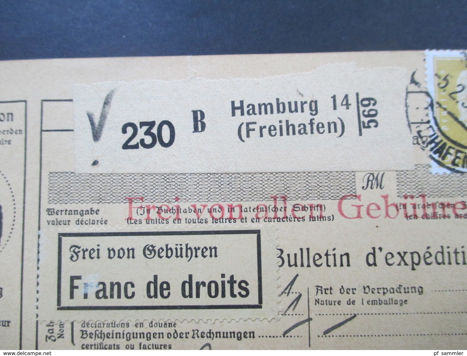 Deutsches Reich Auslandspaketkarte 1932 Hamburg 14 (Freihafen) über Basel Nach Burgdorf. Frei Von Gebühren MiF Nr. 437 - Briefe U. Dokumente