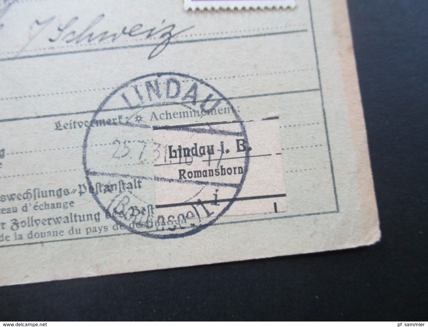 Deutsches Reich Auslandspaketkarte 1931 Pulsnitz über Lindau I. B.nach Burgdorf Schweiz Zollstempel Nr. 437 MiF - Briefe U. Dokumente