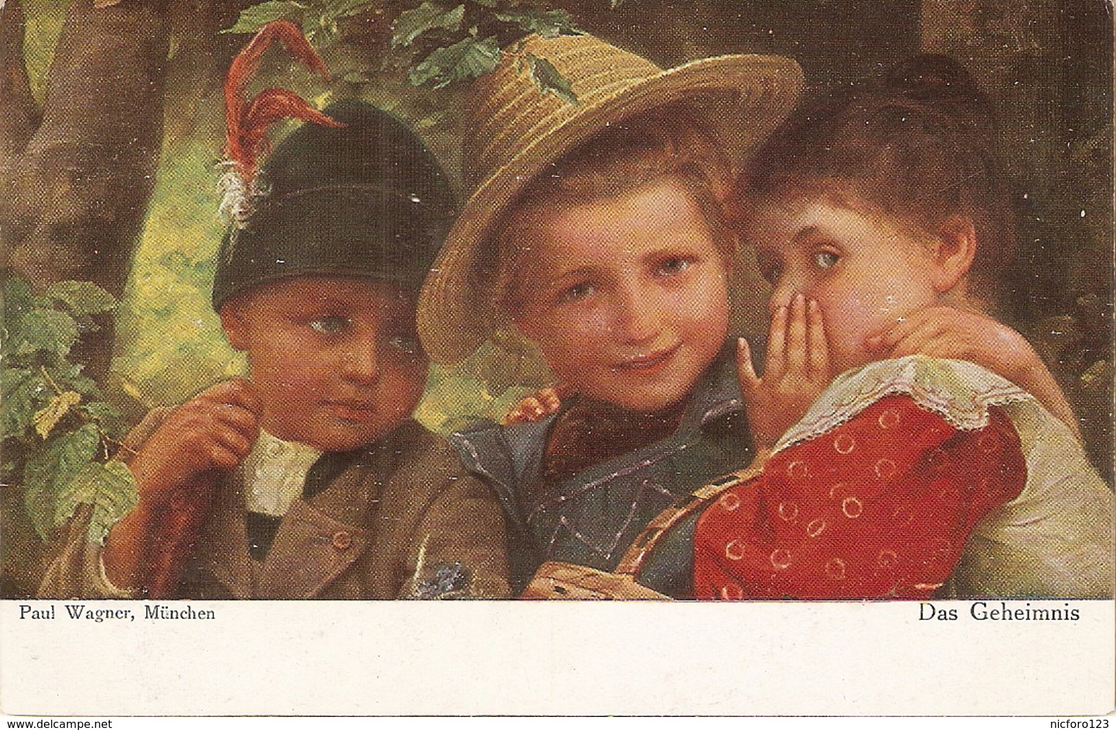 "Paul Wagner. Three Children. Das Geheimnis" Fine Painting, Nice Vintage German Postcard - Grupo De Niños Y Familias