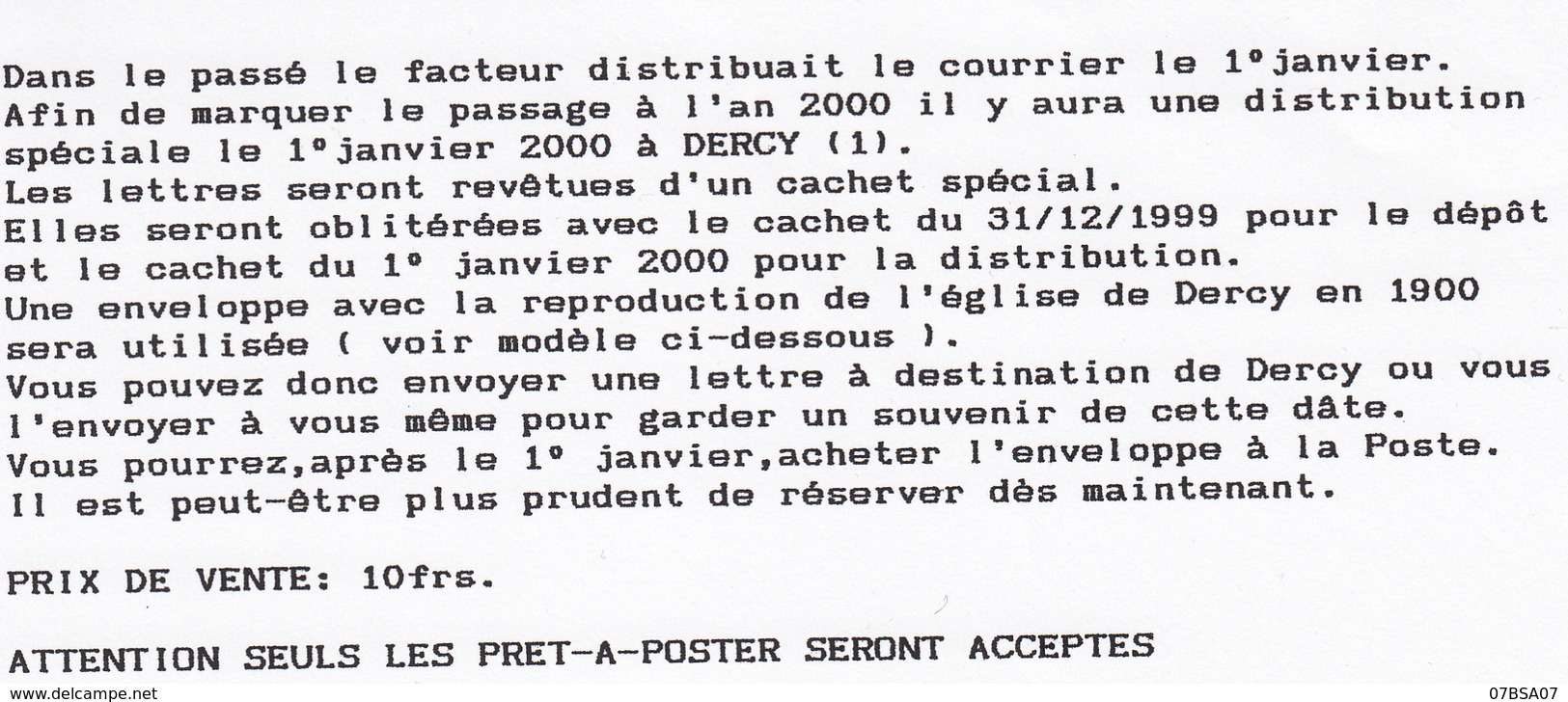 AISNE "DISTRIBUTION SPECIALE LE 1ER JANVIER 2000 / LA POSTE 02270 DERCY / COURRIER OBLITERE DU 31/12/1999" X 2 EXEMPLAIR - 1961-....