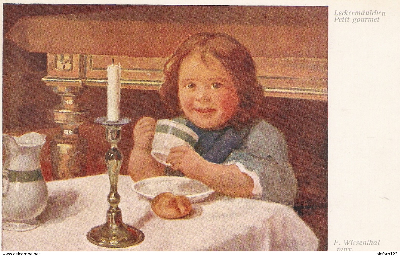 "F. Wiesenthal. Little Girl. Petit Gourmet"  Fine Painting, Nice Vintage German Postcard - Grupo De Niños Y Familias
