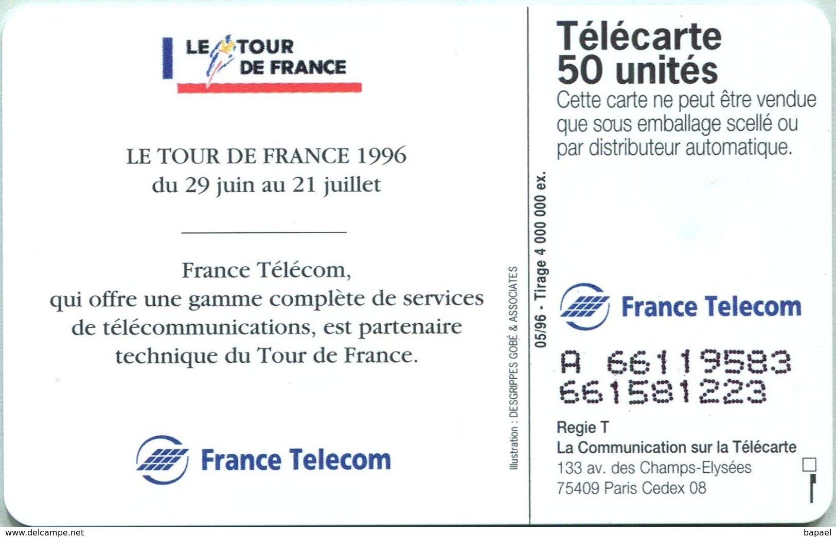 Télécarte Réf Pho 0654 (1996) - Thème Sport - Le Tour De France 1996 (2) (Recto-Verso) - 1996