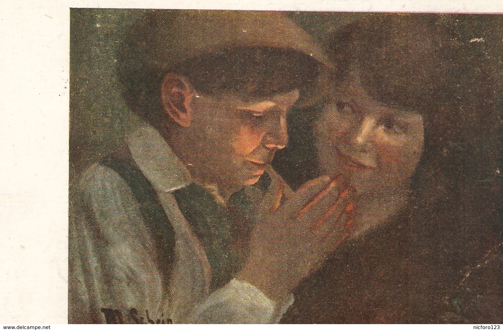 "M. Schein. Children. Der Erste Zigarete" Fine Painting, Nice Vintage German Postcard - Grupo De Niños Y Familias