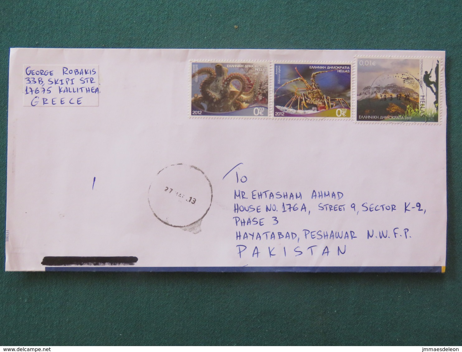 Greece 2013 Cover To Pakistan - Octopus - Lobster - Alpinism - Covers & Documents