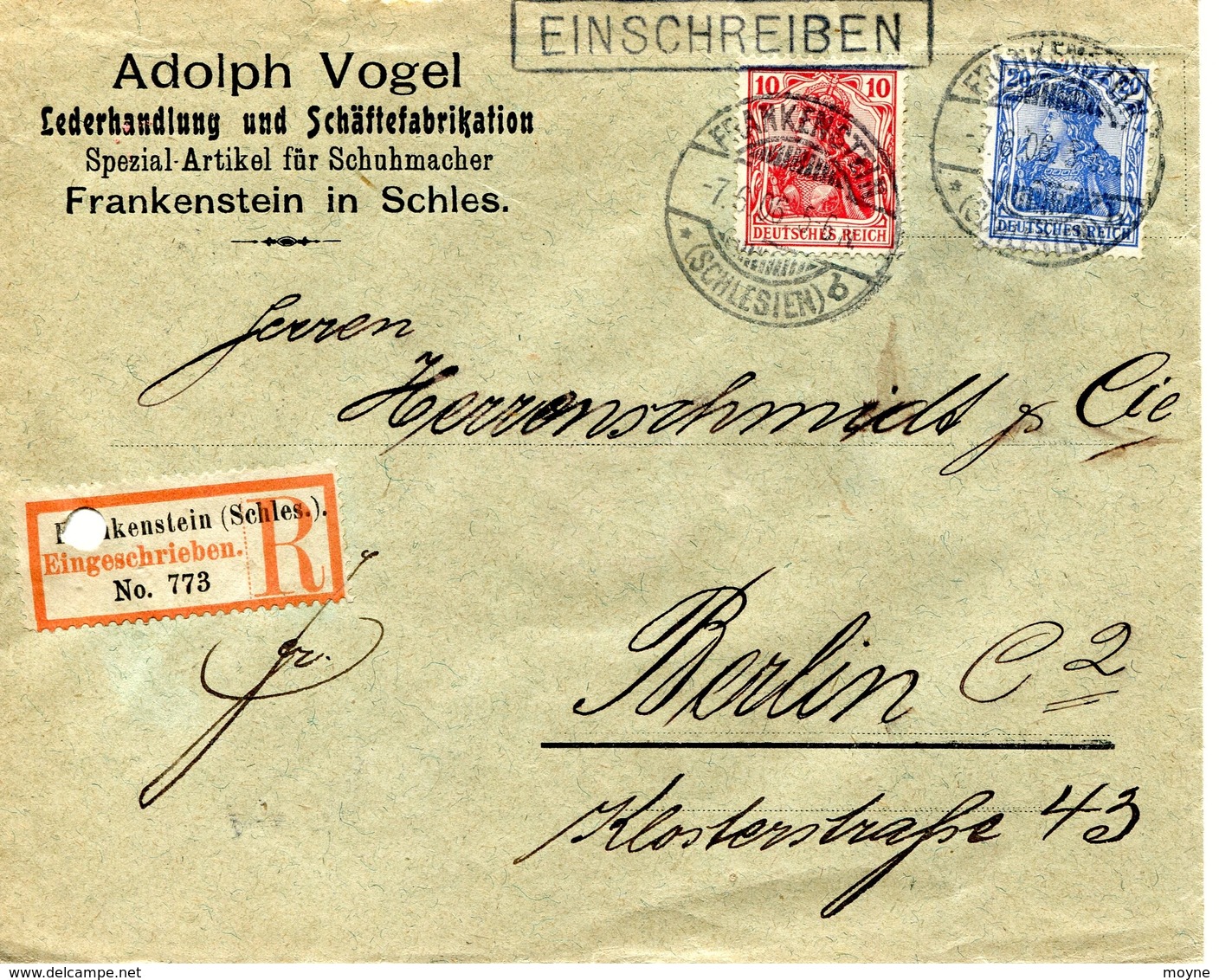 56   Allemagne - FRANKEINSTEIN In SCHLES. à  BERLIN De  Adolphe VOGEL- ENVELOPPE RECOMMANDEE - -1906 2 TIMBRES - Briefe U. Dokumente