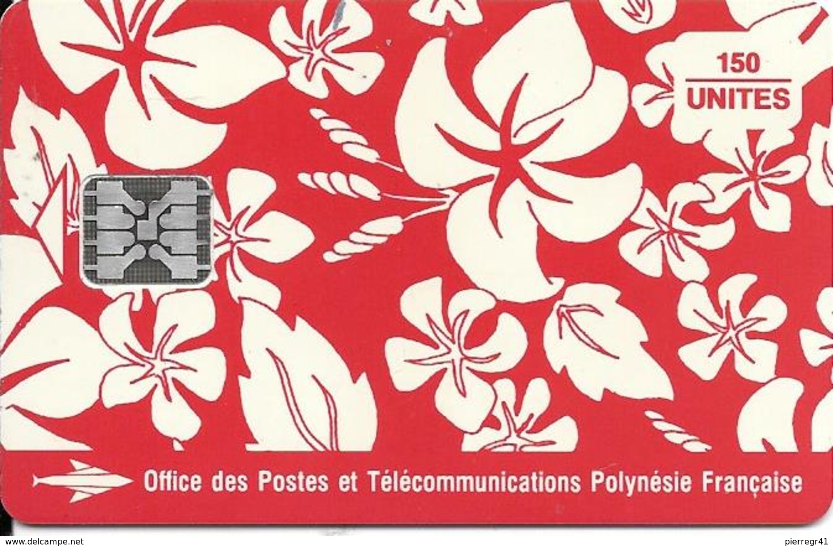 CARTE-PUCE-POLYNESIE-PF19-150U-SC5-S/Entourage-PAREO ROUGE Mat-5 Embouti 00477-1/0Envers-Le 2e-UTILISE-TBE- - Polynésie Française