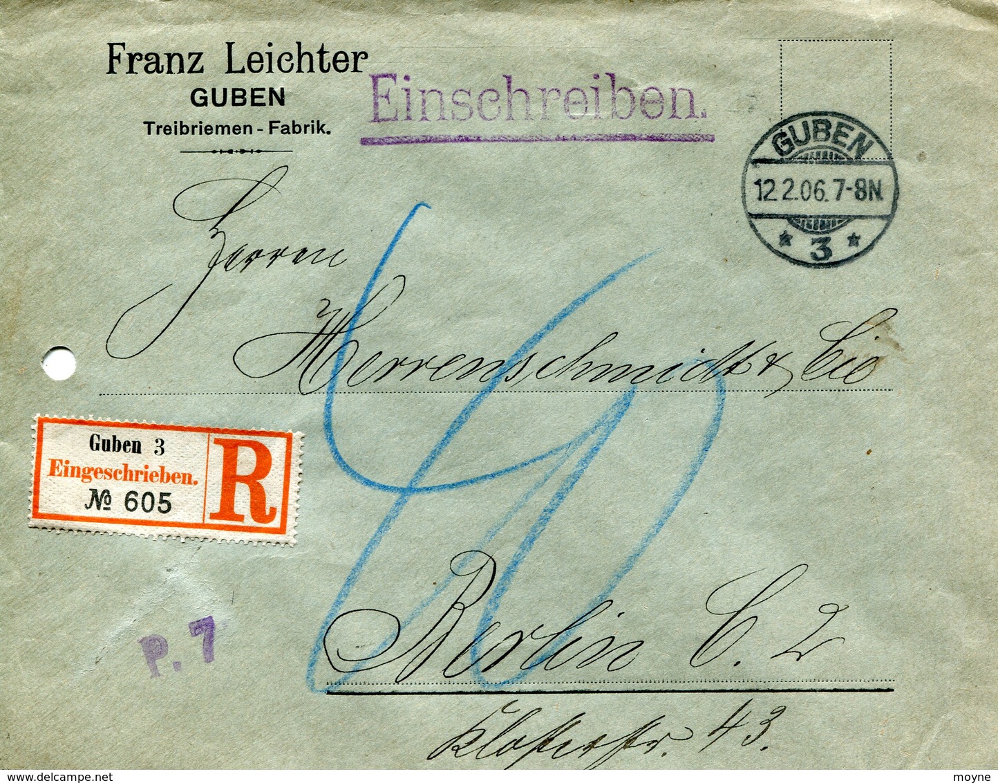 61   Allemagne -  GUBEN à  BERLIN  - De Franz LEICHTER - ENVELOPPE RECOMMANDEE - 1906    1 TIMBRES - Lettres & Documents