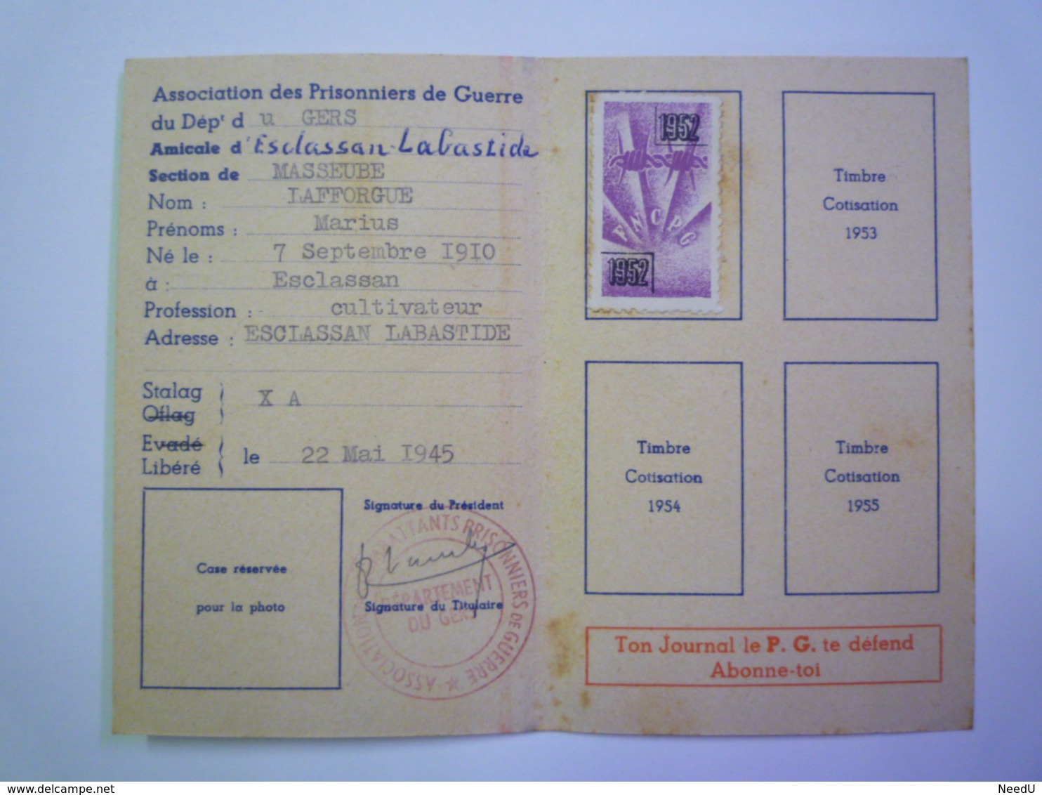GP 2019 - 1705  Fédération Nationale Des Combattants Prisonniers De Guerre - Carte De Membre 1952  (Masseube - Gers)  XX - Non Classés