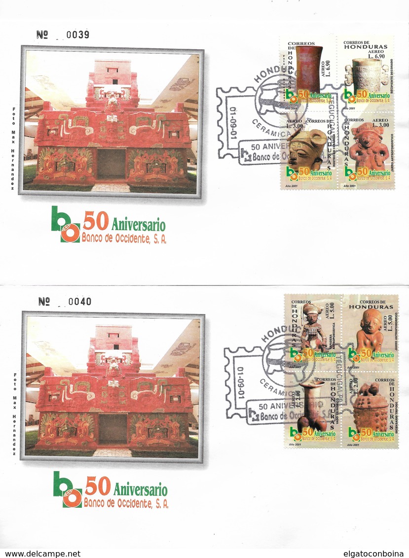 HONDURAS 2001 CERAMICAS MAYAS 50 ANIVERSARIO BANCO DE OCCIDENTE SERIE COMPLETA EN 4 SOBRES PRIMER DIA SPD - Honduras