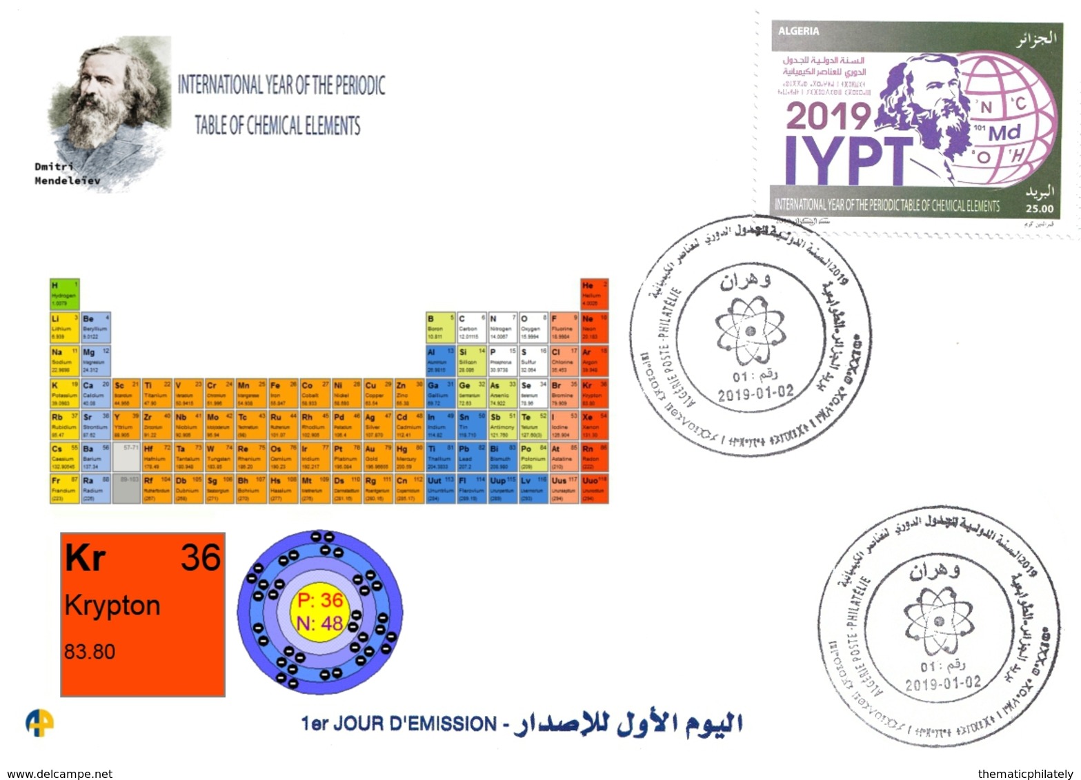 DZ Algeria 1836 2019 Anno Internazionale Della Tavola Periodica Elementi Chimici Dmitry Mendeleev Chimica Criptón - Química