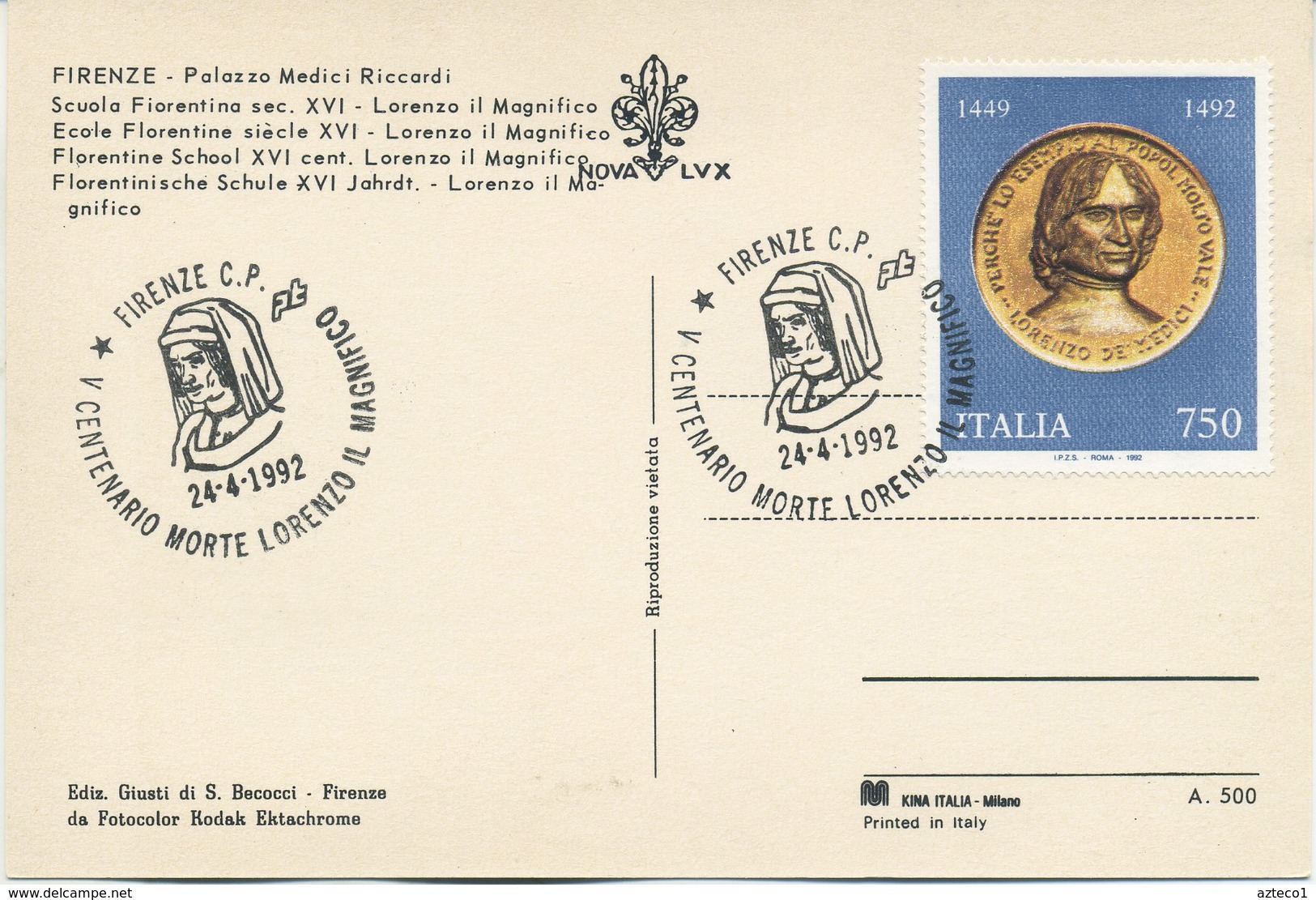 ITALIA - FDC MAXIMUM CARD 1992 - LORENZO IL MAGNIFICO - ANNULLO SPECIALE FIRENZE - Cartoline Maximum