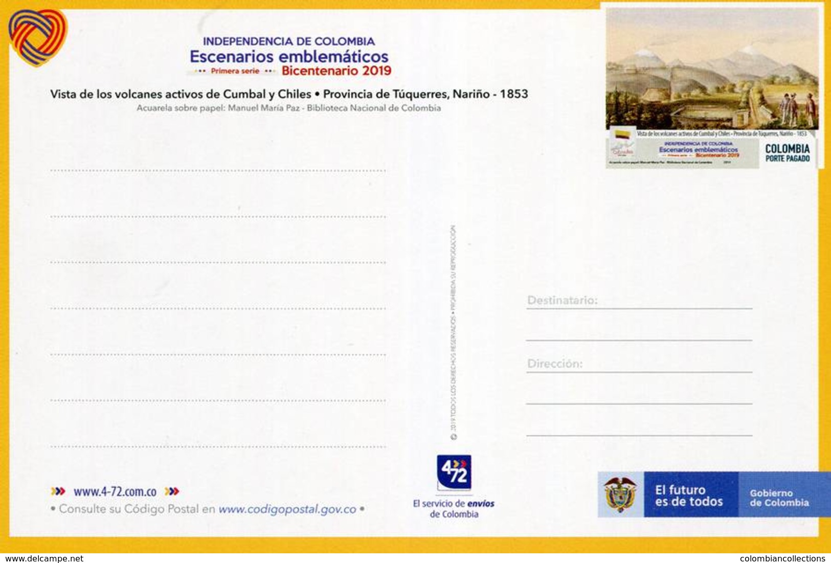 Lote PEP1346, Colombia, 2019, Entero Postal, Postcard, Historia, History, Nariño, Volcano, Mountain, Snowy - Kolumbien