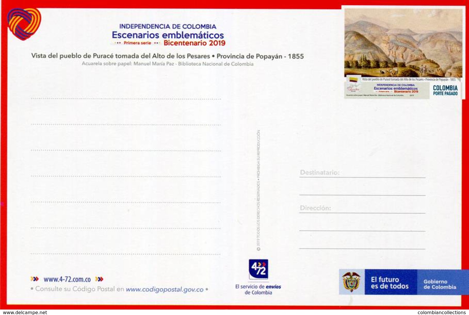 Lote PEP1347, Colombia, 2019, Entero Postal, Postcard, Historia, History, Purace, Mountain, Cow - Colombia