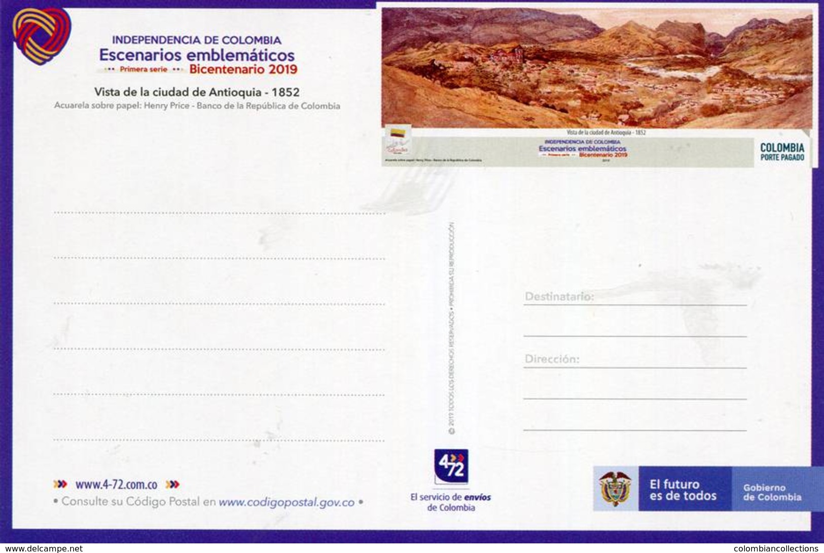 Lote PEP1348, Colombia, 2019, Entero Postal, Postcard, Historia, History, Santa Fe De Antioquia, Mountain, River - Colombia