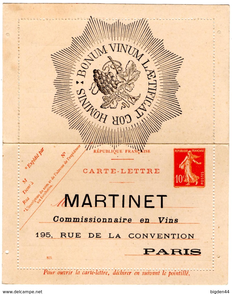 Carte Lettre Semeuse 10 C Rouge Repiquage Privé Martinet Convention Paris Vigne Vins - Cartes-lettres