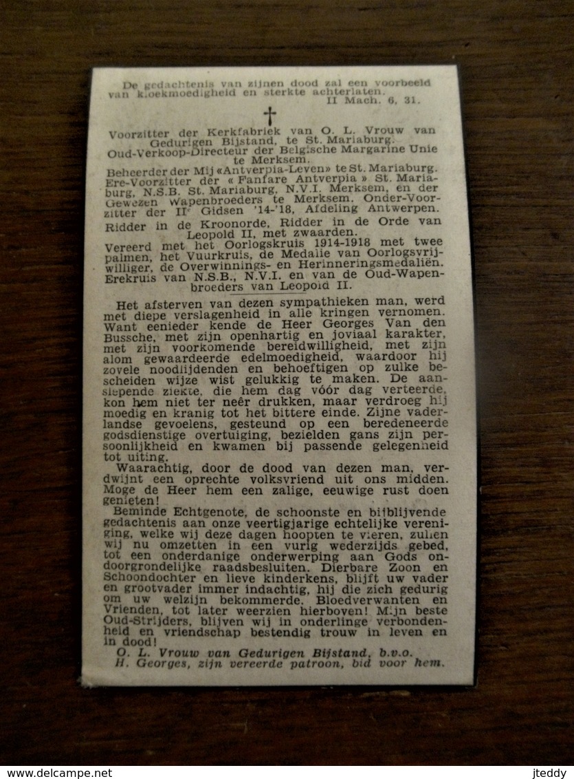 Pierre Georges VAN  DEN  BUSSCHE  Geb . Baarle - Hertog 1881   -- Overl . ST. MARIABURG 1950 - Avvisi Di Necrologio