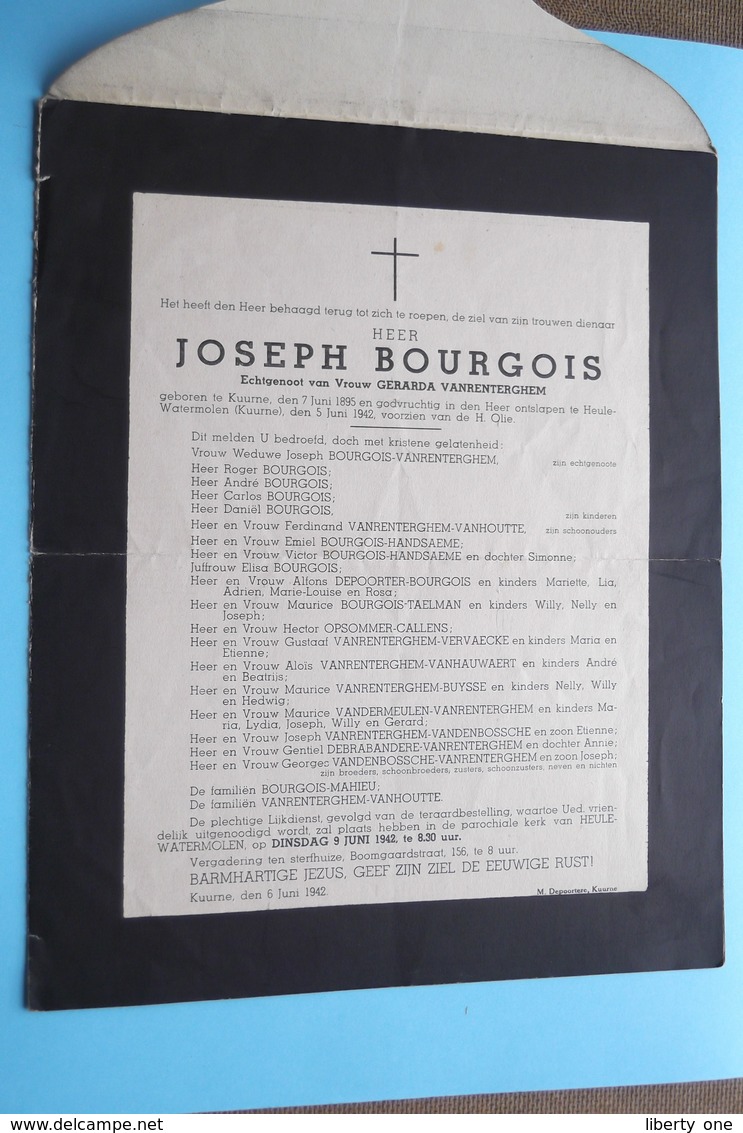 DB Joseph BOURGOIS ( Gerarda Vanrenterghem ) KUURNE 7 Juni 1895 - HEULE Watermolen 5 Juni 1942 ! - Avvisi Di Necrologio