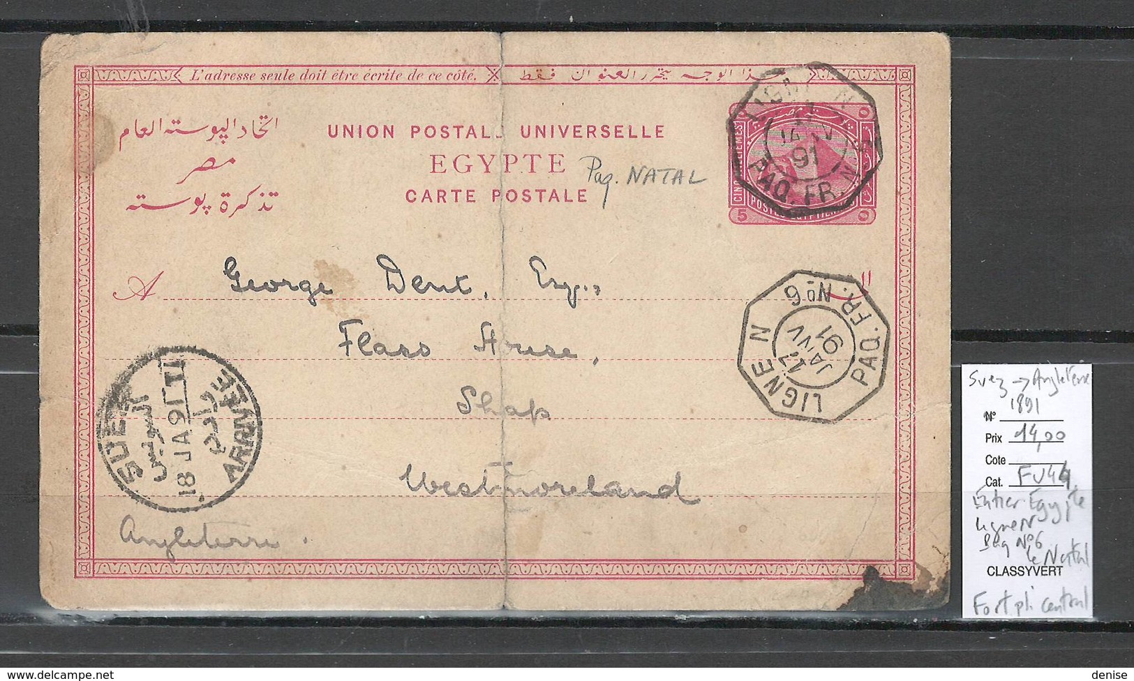 France - Entier Egypte -  Ligne N -1891 - Paquebot NATAL - Pour L'Angleterre - Maritime Post