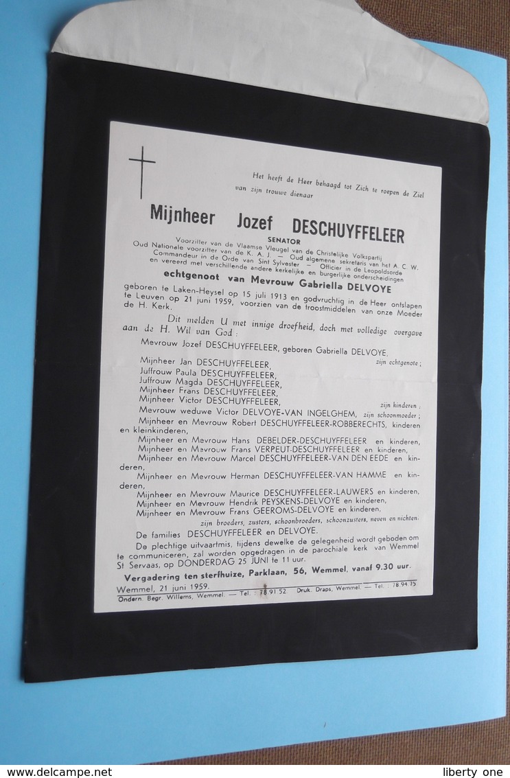 DB Jozef DESCHUYFFELEER Senator ( Gabriella DELVOYE ) Laken-Heysel 15 Juli 1913 - Leuven 21 Juni 1959 ! - Overlijden
