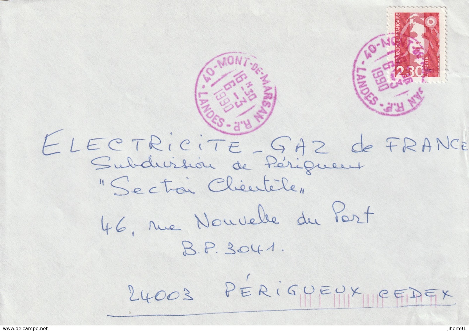 Lettre De "Mont-de-Marsan R.P." (Landes, 40) Du 06-03-1990 Pour Périgueux (Dordogne-24) - Handstempel