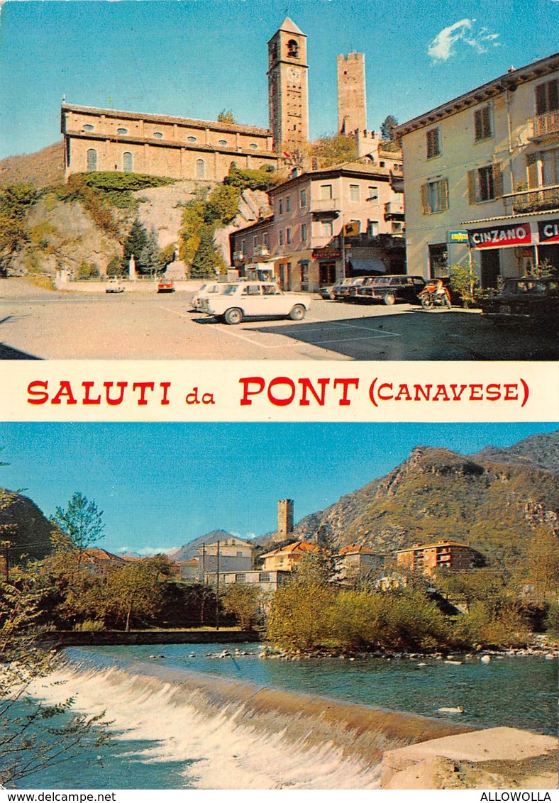 4715"SALUTI DA PONT (CANAVESE)"2 VEDUTE-DISTRIBUTORE AGIP-PUBBLICITA'CINZANO-LAVAZZA-AUTO '60 -CART. POST. OR. NON SPED. - Saluti Da.../ Gruss Aus...