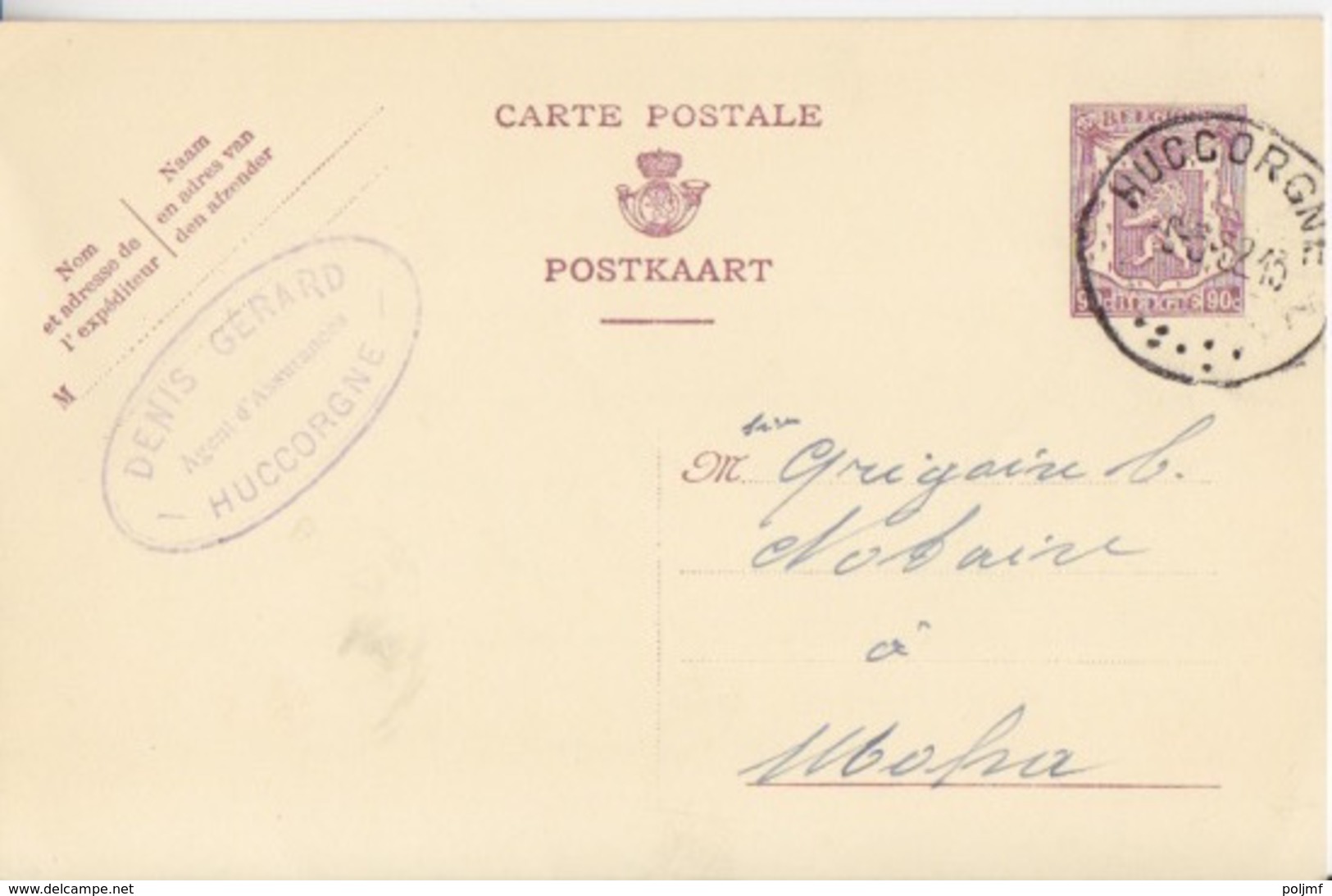 Entier Belge Carte Postale 90c Violet-rouge (lion), Obl. Huccorgne Le 9/3/52 Pour Moha - Cartes Postales 1951-..