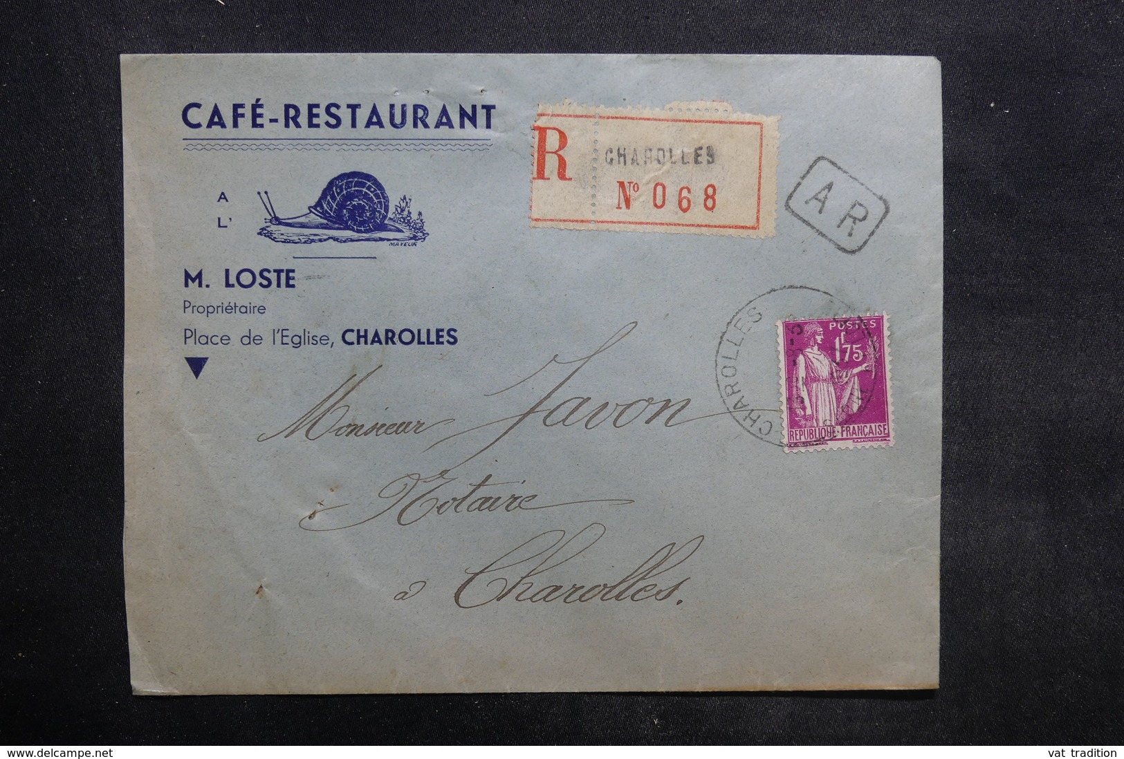 FRANCE - Enveloppe Commerciale ( Restaurant , Illustration Escargot ) En Recommandé AR De Charolles En 1937 - L 35262 - 1921-1960: Modern Period