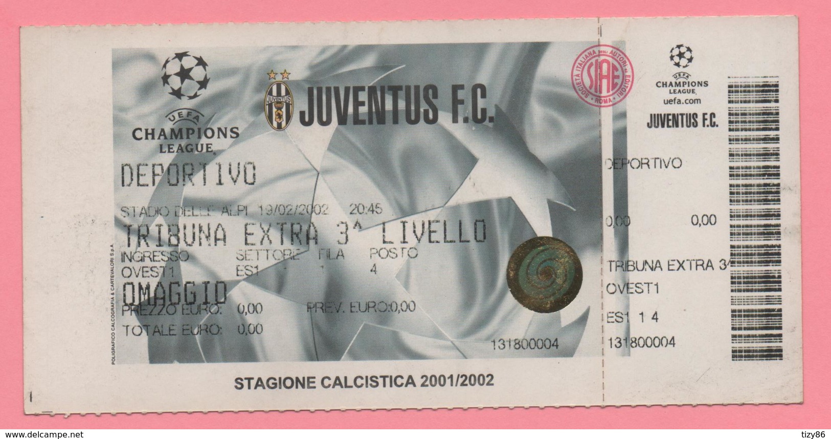 Biglietto Ingresso Stadio Juventus 2002 - Biglietti D'ingresso