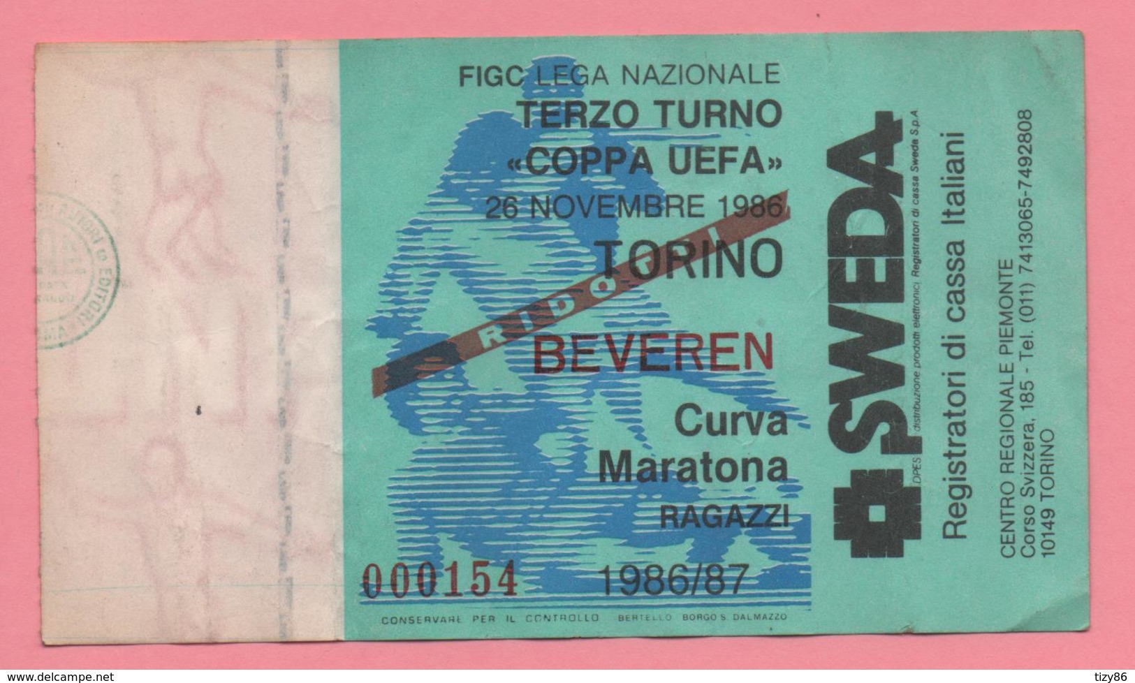 Biglietto Ingresso Stadio Torino Beveren 1986 - Eintrittskarten