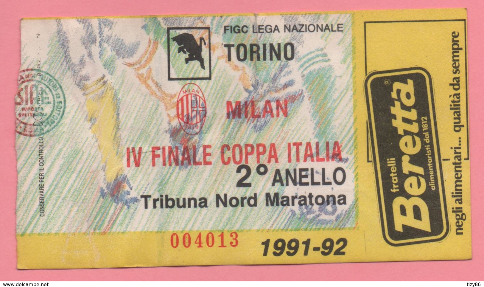 Biglietto Ingresso Stadio Torino Milan 1992 - Tickets D'entrée