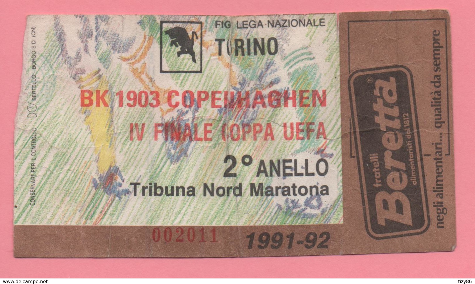 Biglietto Ingresso Stadio Torino Copenhaghen 1992 - Biglietti D'ingresso