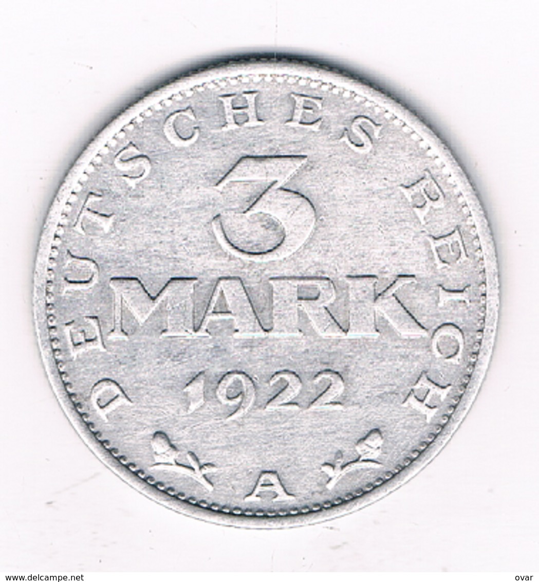3 MARK 1922 A  /DUITSLAND /5463/ - 3 Mark & 3 Reichsmark