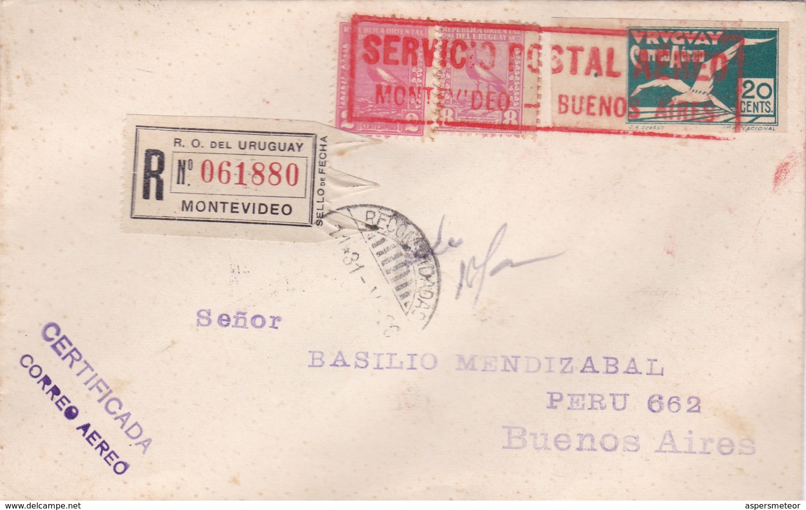 1926 RARE COVER URUGUAY AIRMAIL RECOMMANDE REGISTERED CIRCULEE MONTEVIDEO-BUENOS AIRES- BLEUP - Uruguay