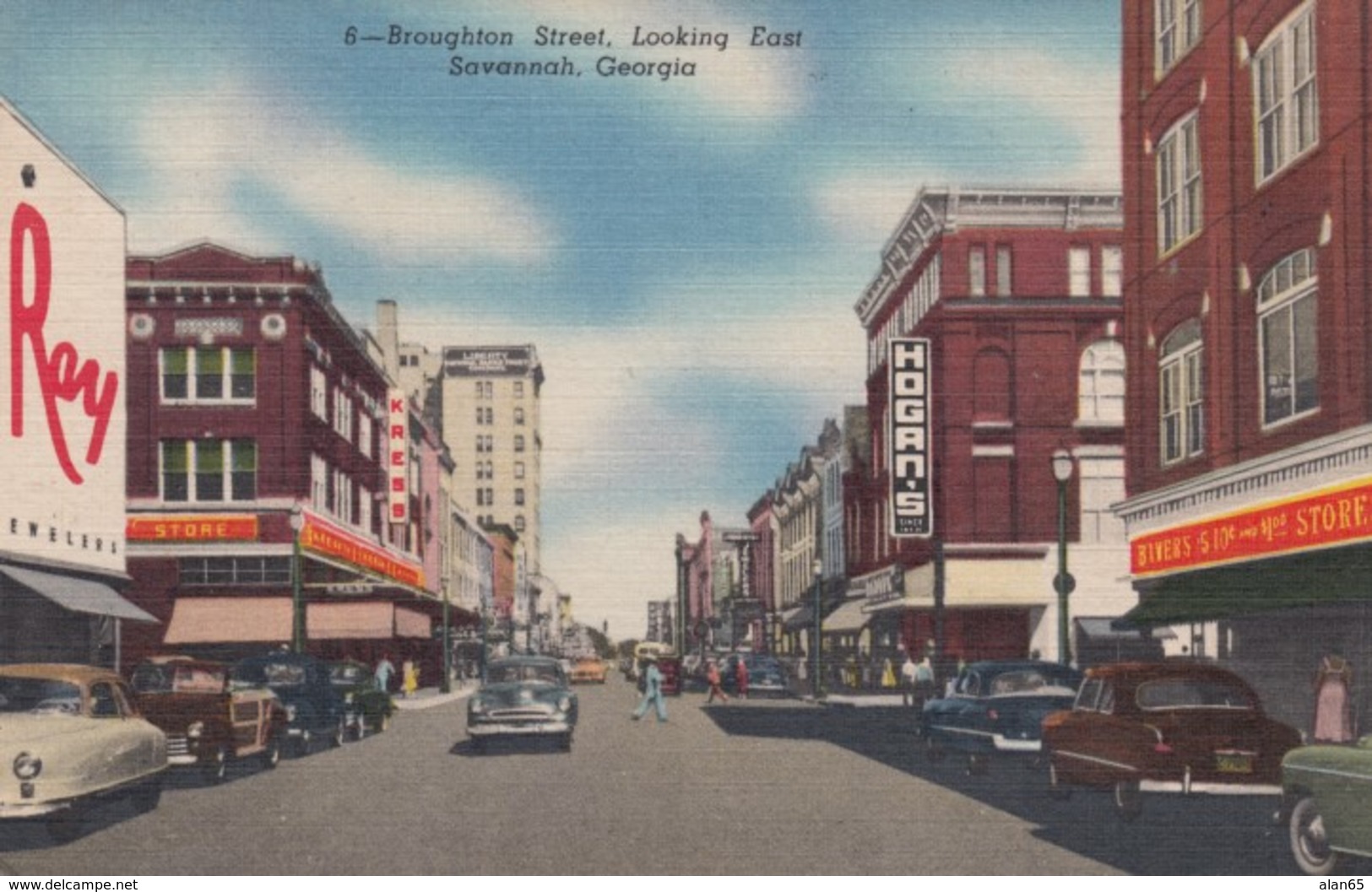 Savannah Georgia, Broughton Street Scene, Autos Business Signs, C1950s Vintage Curteich Linen Postcard - Savannah