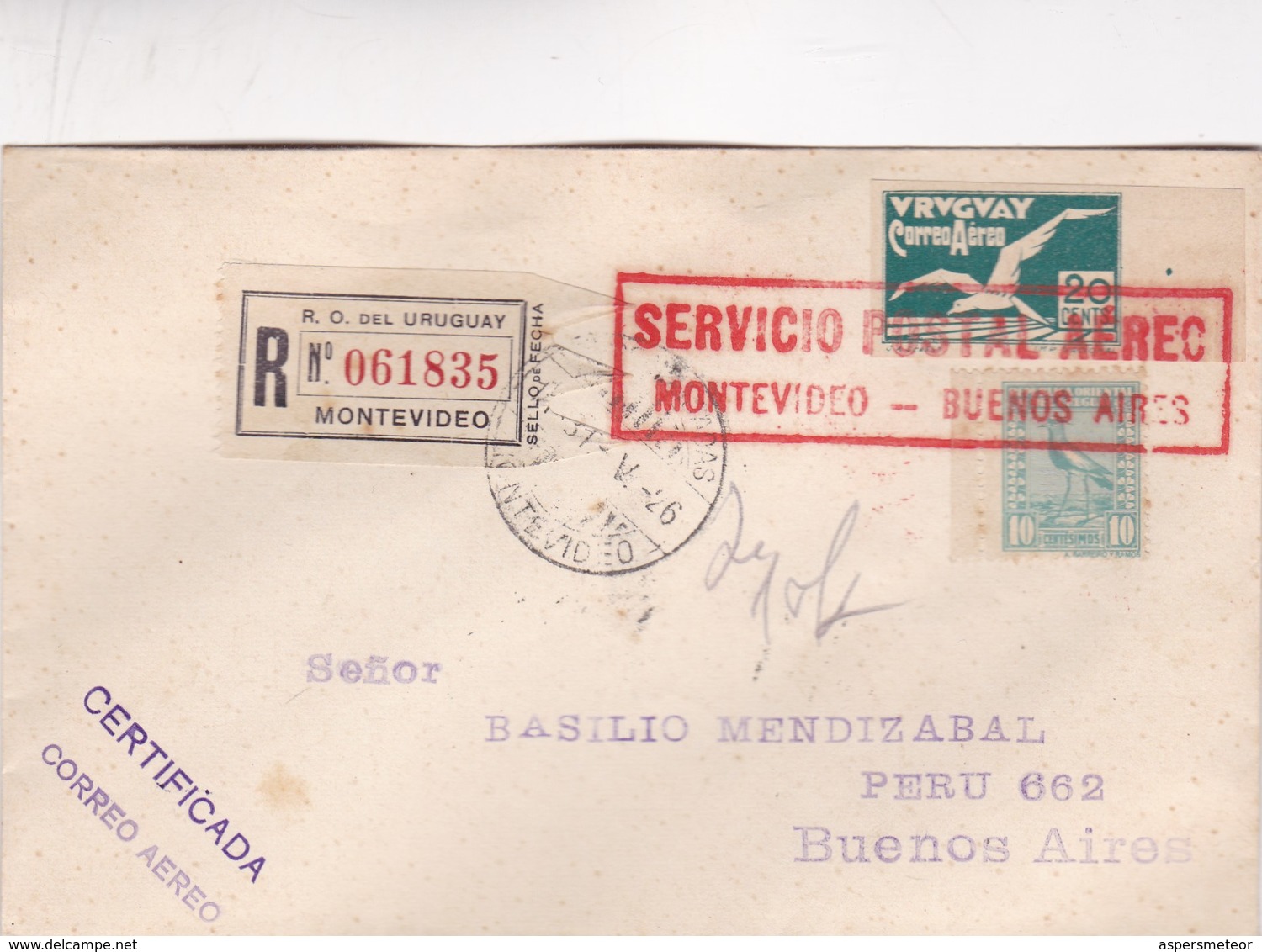 1926 RARE COVER URUGUAY AIRMAIL RECOMMANDE REGISTERED CIRCULEE MONTEVIDEO-BUENOS AIRES- BLEUP - Uruguay