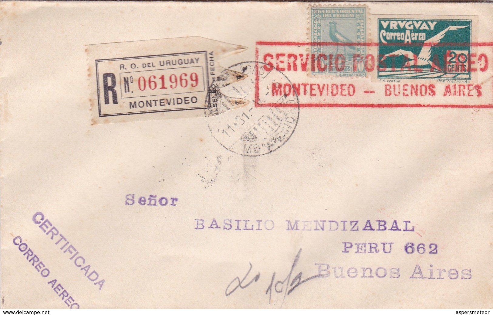 1926 RARE COVER URUGUAY AIRMAIL RECOMMANDE REGISTERED CIRCULEE MONTEVIDEO-BUENOS AIRES- BLEUP - Uruguay