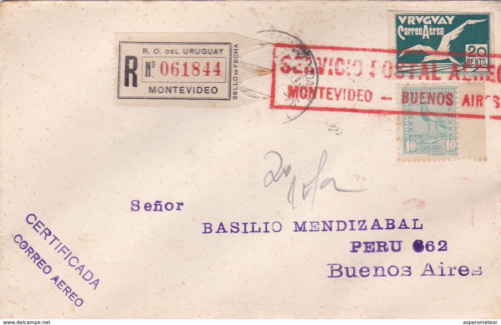 1926 RARE COVER URUGUAY AIRMAIL RECOMMANDE REGISTERED CIRCULEE MONTEVIDEO-BUENOS AIRES- BLEUP - Uruguay