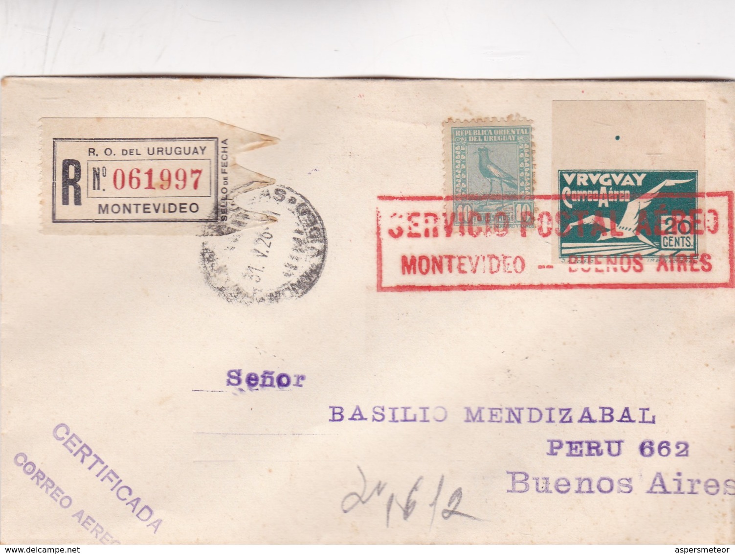 1926 RARE COVER URUGUAY AIRMAIL RECOMMANDE REGISTERED CIRCULEE MONTEVIDEO-BUENOS AIRES- BLEUP - Uruguay